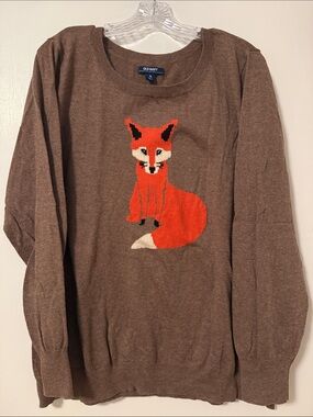 Old Navy Brown Crewneck Sweater with Orange Fox Graphic XXL Novelty Woodland